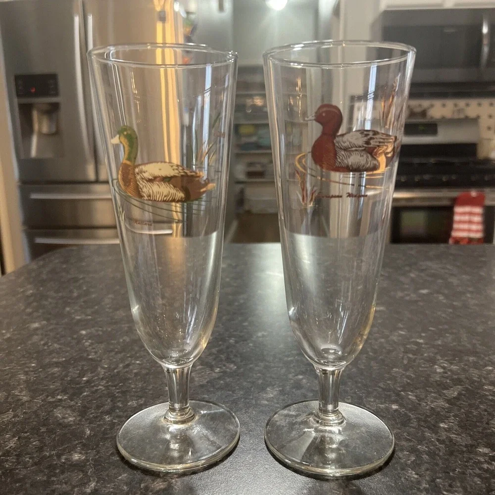 Culver Waterfowl Glass Flute Set Of 2 Mallard Duck‎ Collectible Hunting